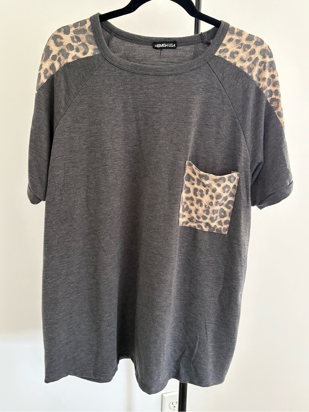 HEIMISH USA Gray Knit Pullover with Leopard print detail in pocket and shoulder